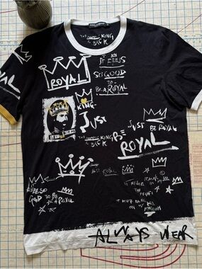 Dolce & Gabbana Black Graphic Short Sleeve Tee with White and Gold Accents